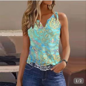 Green Sleeveless Print Top